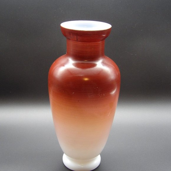 Antique Hand Painted Bristol Glass Vase Red Burgundy Umber with White Flower 9" - Picture 5 of 10